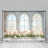 Aperturee - Aperturee Retro White Brick Wall Window Floral Spring Backdrop